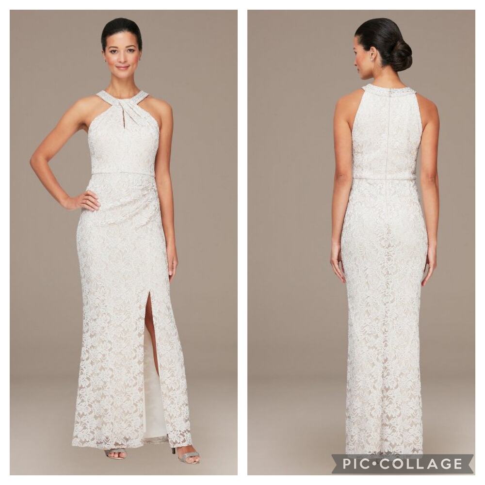 Alex Evenings Long Halter Lace Sheath Dress with Skirt Slit in Taupe Size 8